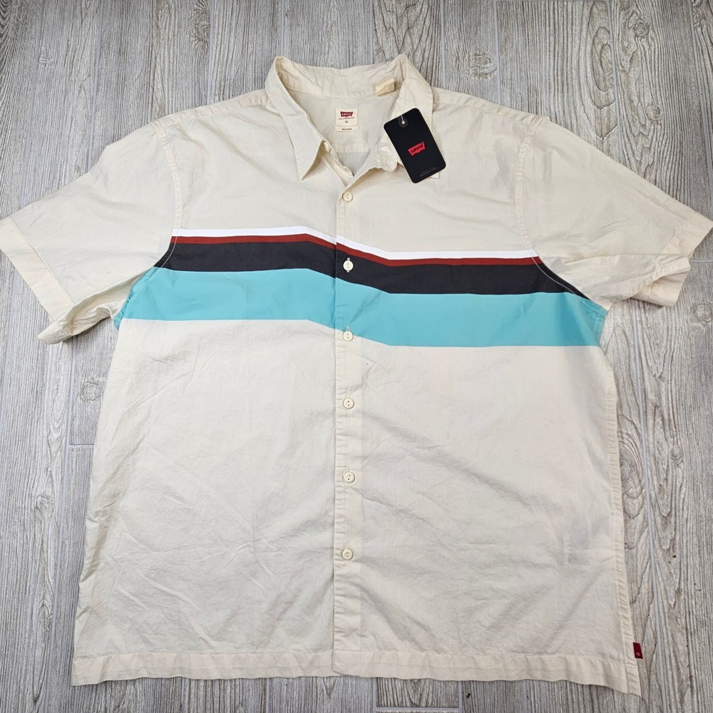 Levis Mens XL Relaxed Fit Short Sleeve Button Up Shirt Cream Multi Stripe NWT